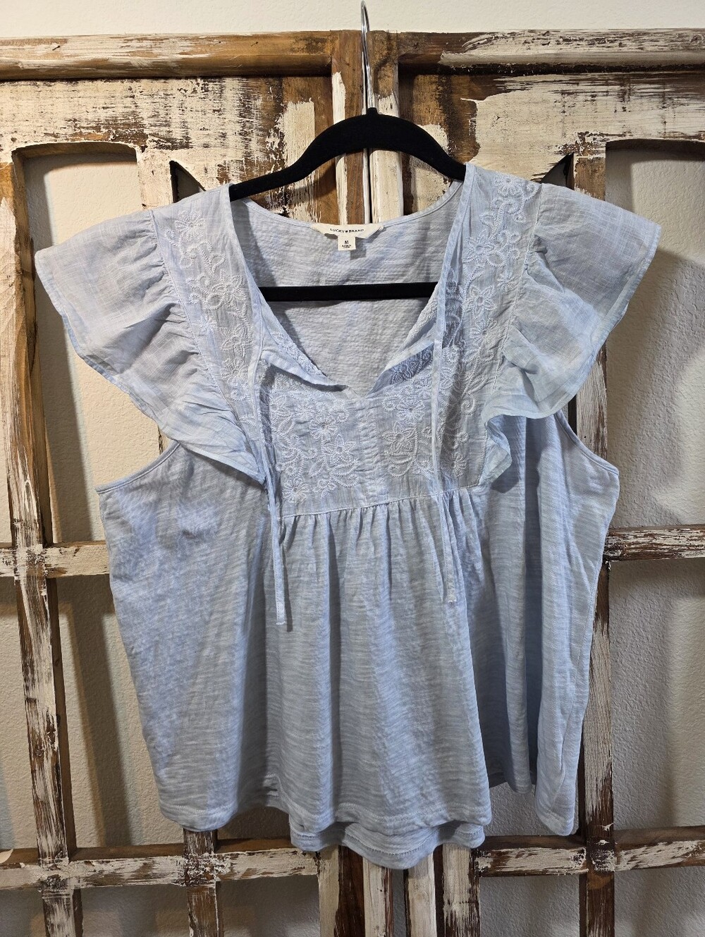 Light Blue Embroidered Flutter Sleeve Women's Top